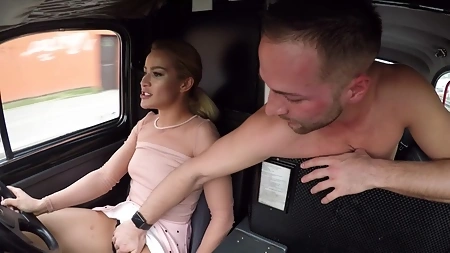 Gorgeous blonde taxi driver Cherry Kiss gets banged in her car